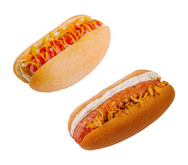 Delicious hot dog with mustard and ketchup on white background
