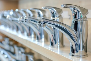row of new chrome kitchen sink faucets displayed on shelf