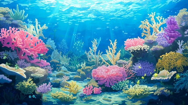 A vibrant coral reef teeming with marine life beneath the ocean's surface. Fantasy landscape anime or cartoon style, seamless looping 4k time-lapse virtual video animation background