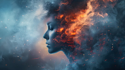 Photo of a digital art concept with a woman's profile disintegrating into smoke and fire - obrazy, fototapety, plakaty