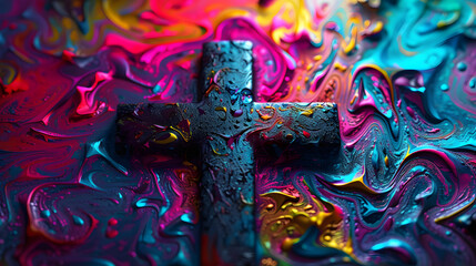 Photo of a cross with a vibrant, colorful abstract background