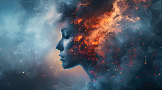 Photo of a digital art concept with a woman's profile disintegrating into smoke and fire