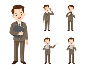 business man or office worker character with various poses, face emotions and gestures. Talking on the phone ,present,point
