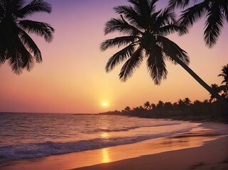 Fototapeta na wymiar Tropical beach with palm trees at sunset. AI generated