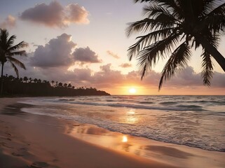 Fototapeta na wymiar Tropical beach with palm trees at sunset. AI generated