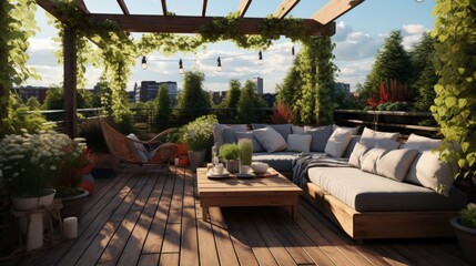 Fototapeta premium Cozy outdoor roof terrace with pergola and potted plants in minimal style