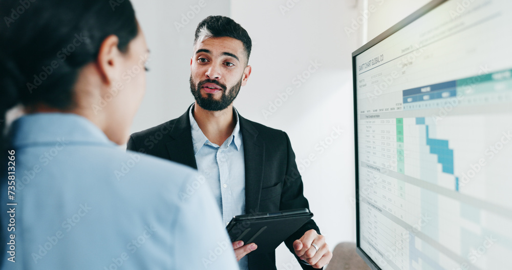 Poster discussion, presentation and business people with data in office for project statistics planning. an
