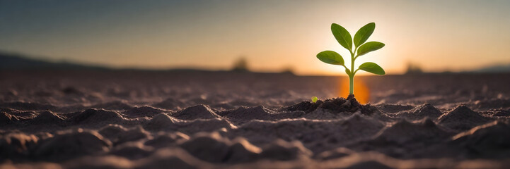 Naklejka premium a young plant sprouts from the ground in a barren field