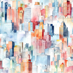 Big city skyscrapers, tileable pattern, watercolor illustration.