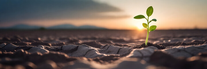 a young plant sprouts from the ground in a barren field - obrazy, fototapety, plakaty