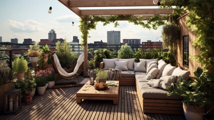 Cozy outdoor roof terrace with pergola and potted plants in minimal style - obrazy, fototapety, plakaty
