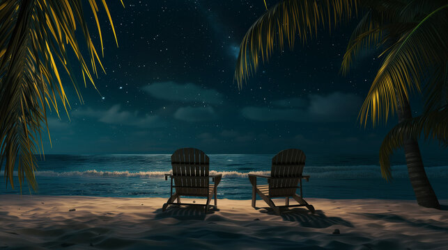 Night Sky Above Wooden Chairs on Tropical Beach.