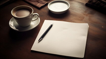Obraz na płótnie Canvas A cup of coffee and a notepad on a table.