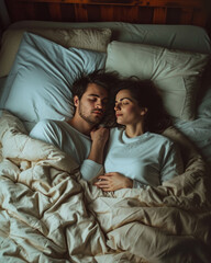 Fototapeta na wymiar A young man and woman sleep together in bed. Married couple. AI generative