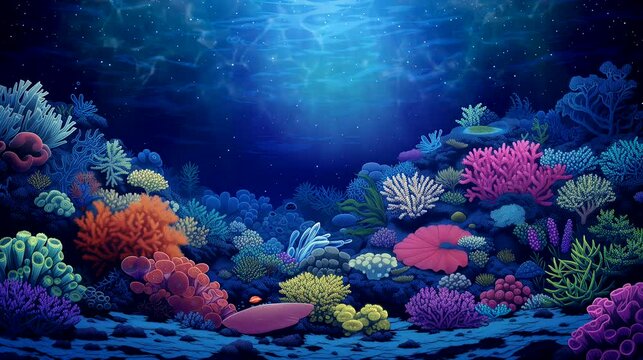 A vibrant coral reef teeming with marine life beneath the ocean's surface at night. Fantasy landscape anime or cartoon style, seamless looping 4k time-lapse virtual video animation background