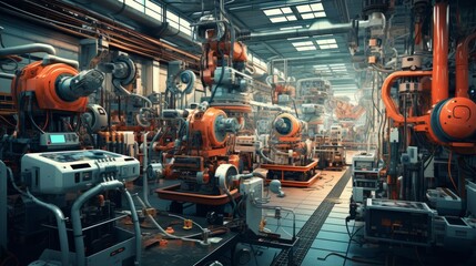 High-tech industrial factory with cutting-edge electronic equipment, robotics, and hardware - royalty-free stock image for industry, manufacturing, and technology concepts