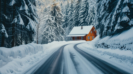 Сabin beside a snowy road in a winter wonderland.