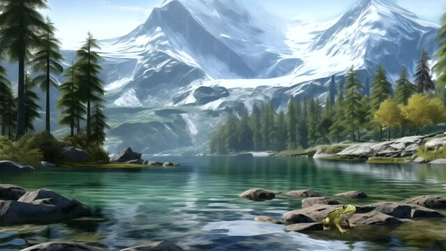 Views of snow-capped mountains and lakes, frogs and birds in flight Seamless looping time-lapse animation Video background Generated AI