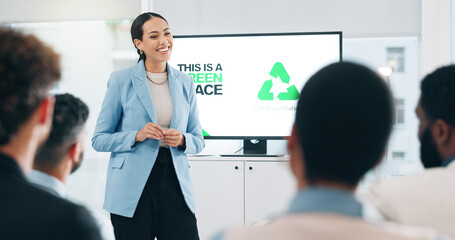 Business people, sustainability and woman with presentation, conference or ecology with...