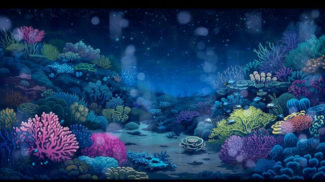 A vibrant coral reef teeming with marine life beneath the ocean's surface at night. Fantasy landscape anime or cartoon style, seamless looping 4k time-lapse virtual video animation background