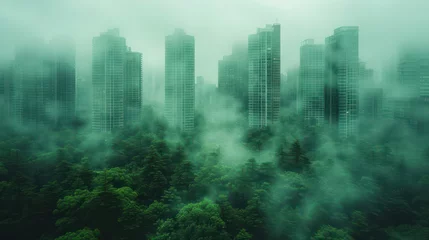 Foto op Aluminium Green City Experience double lush forests and modern skyscraper windows. © bird_saranyoo