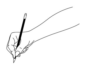 Hand holding pencil. Human arm with writing tool. Line art drawing , Black monochrome outline Vector illustration isolated on transparent background. Hand drawn icon.