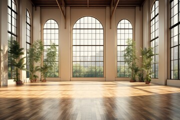 Empty hall in modern building with tall windows and indoor plants.