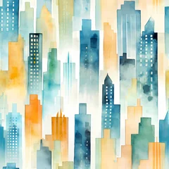 Foto auf Acrylglas Aquarellmalerei Wolkenkratzer Big city skyscrapers, tileable pattern, watercolor illustration.