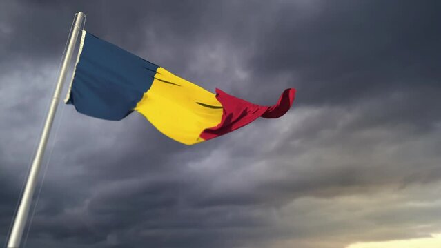 Chad flag waving on heavy sunset clouds at hail rain forecast backdrop