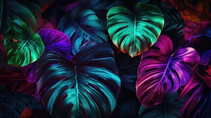 Large tropical leaves in neon colors. Creative fluorescent picture of exotic leaves.The concept of nature. - obrazy, fototapety, plakaty