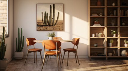 A dining room with a table and chairs and a cactus.