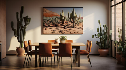 A dining room with a table and chairs and a cactus.
