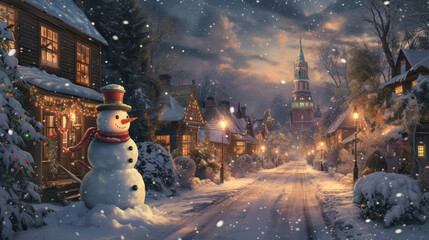 A snowman stands against the backdrop of a winter city at night
