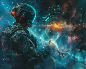 Modern technology links brain to cosmos as a sci fi soldier navigates through galaxies unknown - obrazy, fototapety, plakaty