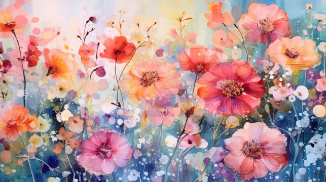 Fototapeta Watercolor wildflowers floral illustration - summer flower, blossom, poppies, chamomile, dandelions, cornflowers, lavender, violet, bluebell, clover, buttercup, butterfly. Generative AI