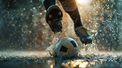 Foot in a soccer boot hits a soccer ball.