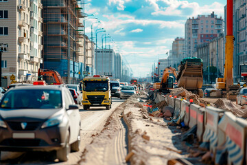 construction site, traffic jam in summer vacation traffic - obrazy, fototapety, plakaty