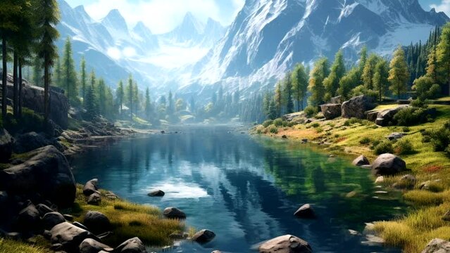 Views of snow-capped mountains and lakes, frogs and birds in flight Seamless looping time-lapse animation Video background Generated AI
