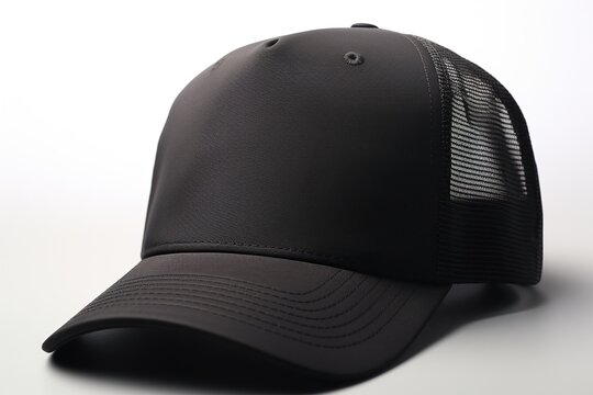 Black trucker hat mockup illustration on white studio background