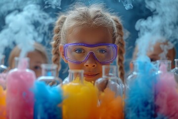 Excited schoolgirls in a colorful lab, wearing protective glasses, engage in a curious and funny chemistry experiment.