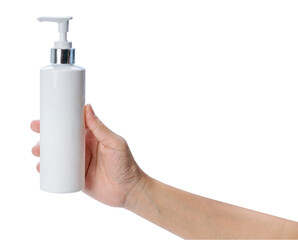 Woman's hand holding blank plastic Bottle Press pump head on white background. Cosmetic beauty product branding mockup isolate on white with cliping path. Copy space 

