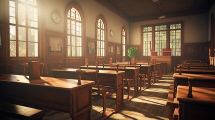 Traditional School Interior: Wooden Desks and Chairs in Classic Classroom Setting