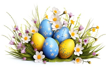Fototapeta na wymiar Easter eggs with grass and flowers element isolated on white background Generative Ai