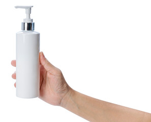 Woman's hand holding blank plastic Bottle Press pump head on white background. Cosmetic beauty product branding mockup isolate on white PNG file. Copy space 
