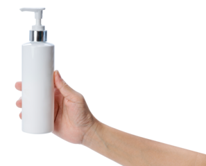 Woman's hand holding blank plastic Bottle Press pump head on white background. Cosmetic beauty product branding mockup isolate on white PNG file. Copy space 
