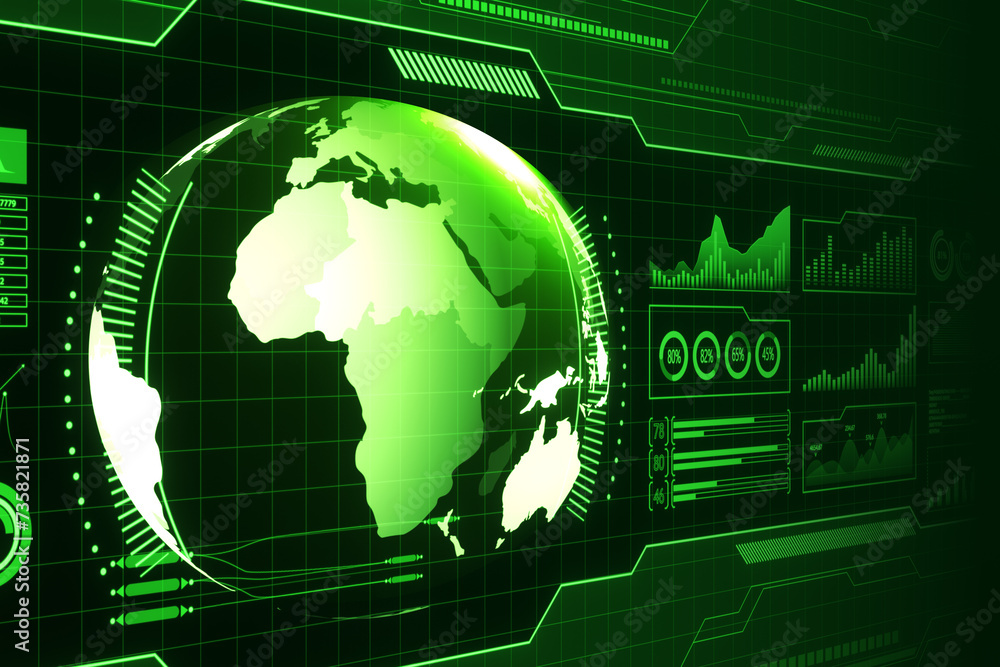 Aufkleber creative holographic screen with digital globe interface and business chart on blurry green wallpape