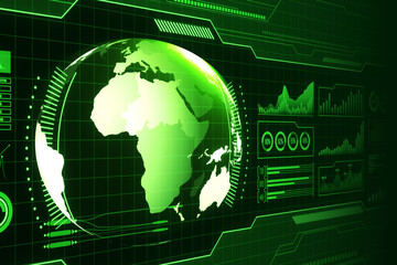 Creative holographic screen with digital globe interface and business chart on blurry green wallpaper. HUD, international stock and future monitor concept. 3D Rendering.