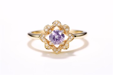 a gold ring with a purple stone in the middle