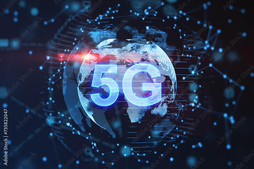 Poster Global 5G network concept with digital world map. Technological infrastructure. 3D Rendering