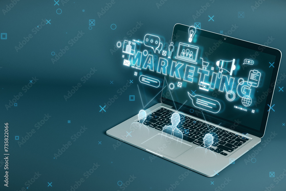 Poster close up of laptop with creative marketing hologram with various icons on blurry background. seo, me